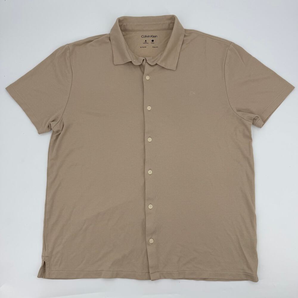 Calvin Klein Shirt Mens XL Tan Knit Short Sleeve Button Up Cotton Blend Wicking